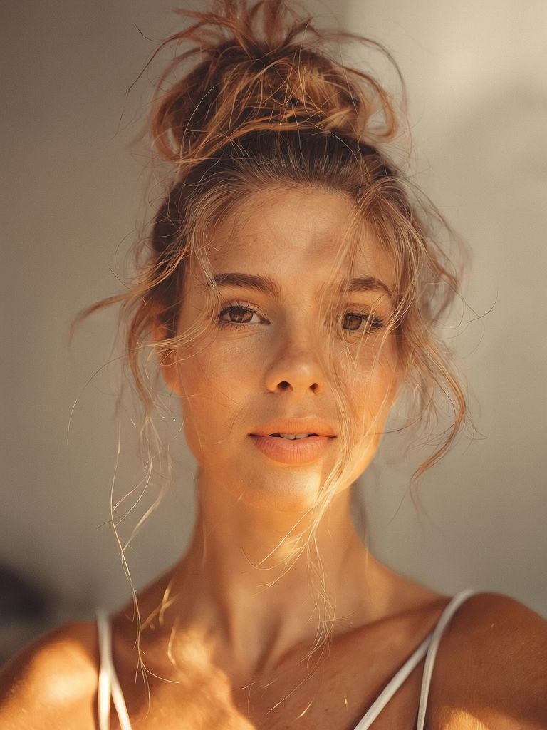 Chic Woman With Tousled Bun And Soft Background Lighting